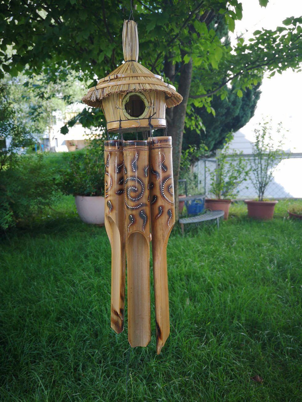 Bambus Windspiel - Vogelhaus Brandbemalung